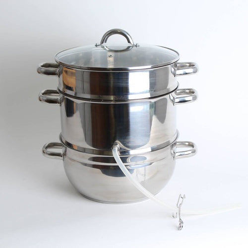 Three-tier stainless steel steam juicer with glass lid, leak-proof spout, and side handles, ideal for making juice and wine at home in Kitchen & Food and Juicers and Steamers collections.