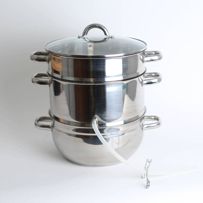 Three-tier stainless steel steam juicer with glass lid, leak-proof spout, and side handles, ideal for making juice and wine at home in Kitchen & Food and Juicers and Steamers collections.
