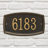 Black custom address wall plaque with raised gold numbers and a detailed raised border, handcrafted in the USA, enhancing curb appeal from Home & Decor and Mailboxes and Address Signs collections.