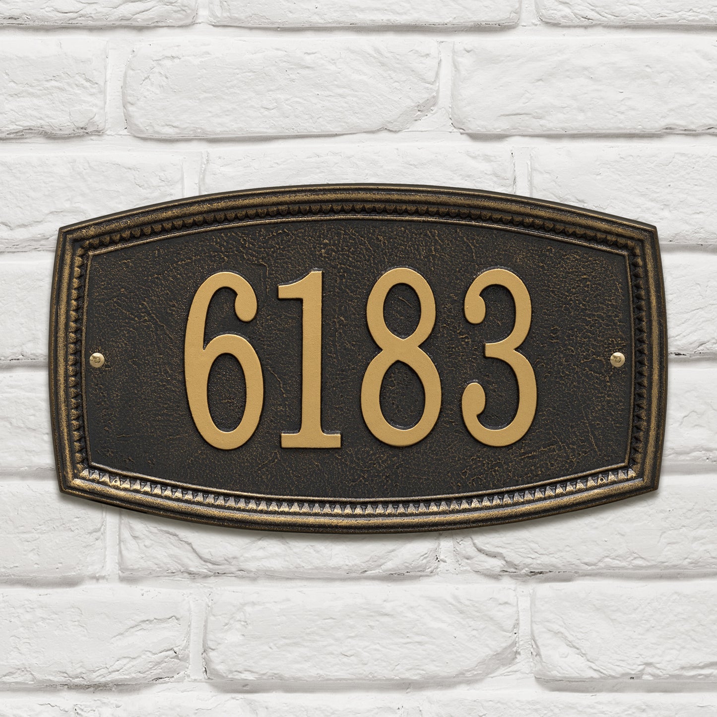 Black custom address wall plaque with raised gold numbers and a detailed raised border, handcrafted in the USA, enhancing curb appeal from Home & Decor and Mailboxes and Address Signs collections.
