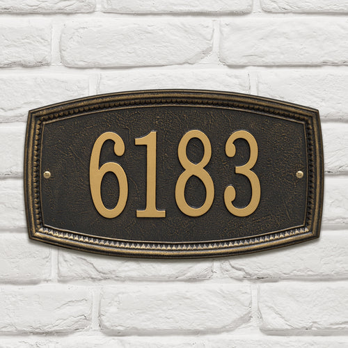 Black custom address wall plaque with raised gold numbers and a detailed raised border, handcrafted in the USA, enhancing curb appeal from Home & Decor and Mailboxes and Address Signs collections.
