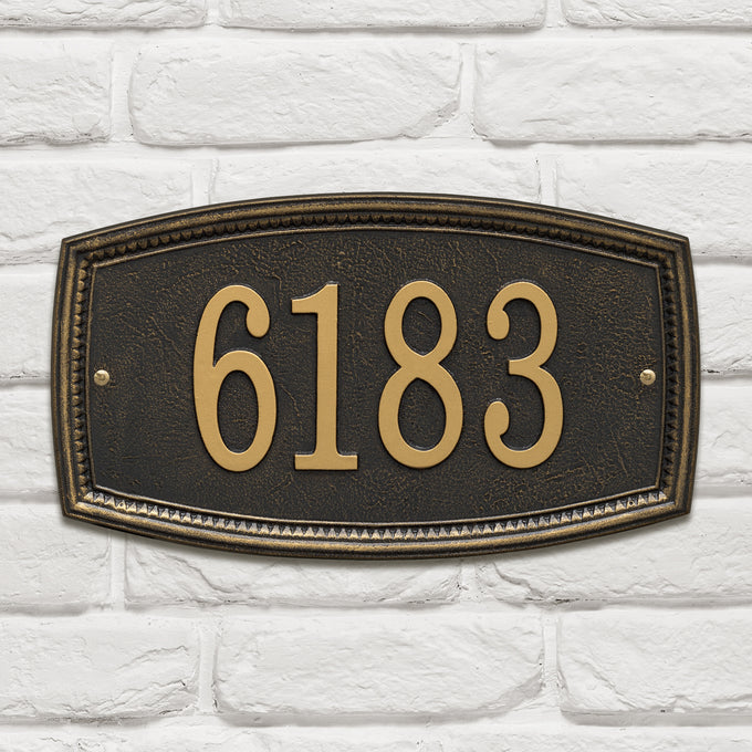 Black custom address wall plaque with raised gold numbers and a detailed raised border, handcrafted in the USA, enhancing curb appeal from Home & Decor and Mailboxes and Address Signs collections.