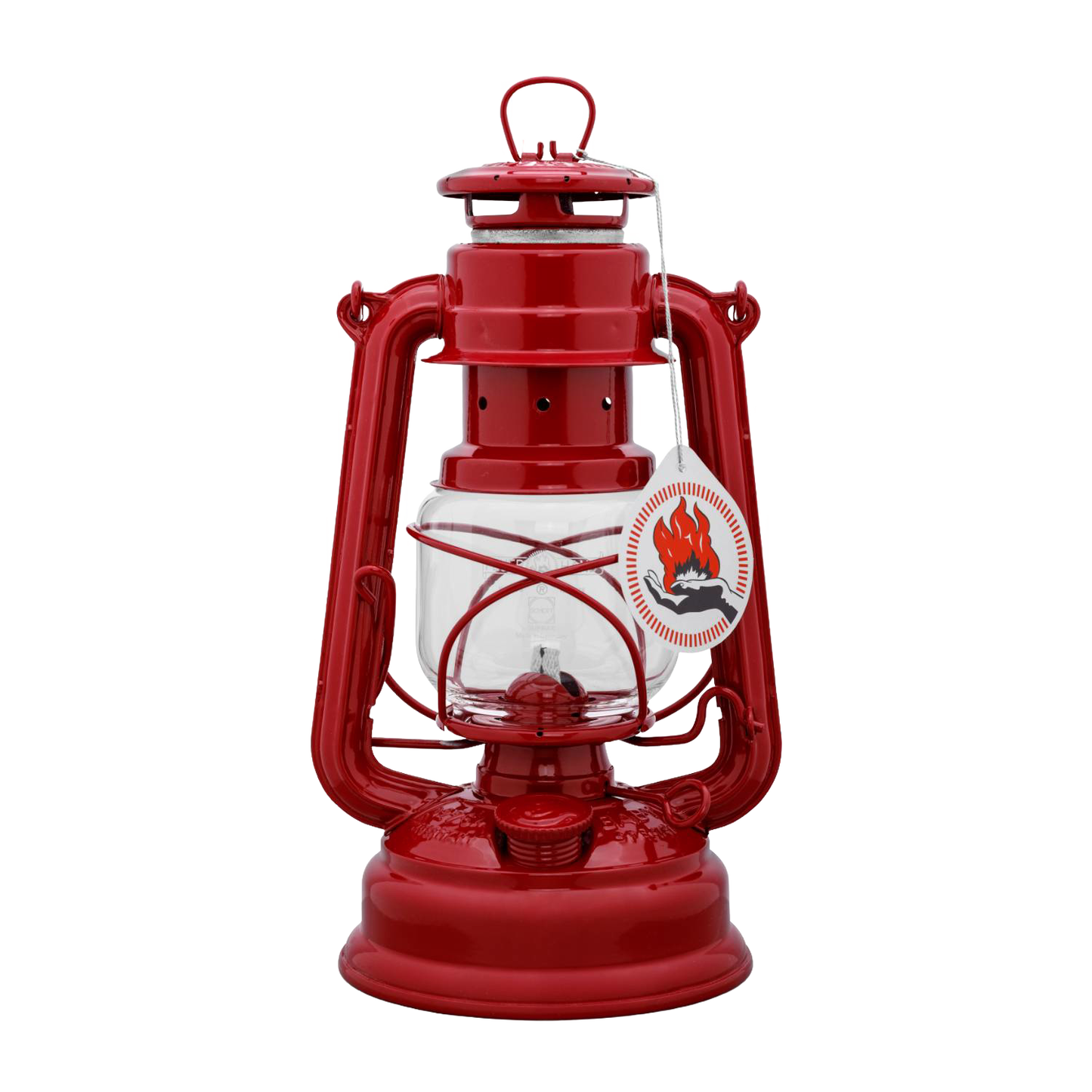 Handcrafted red galvanized oil lantern with durable thermal heat-resistant globe and vintage-style flame emblem, ideal for Camping, Lamps & Lighting, Emergency Supplies collections.