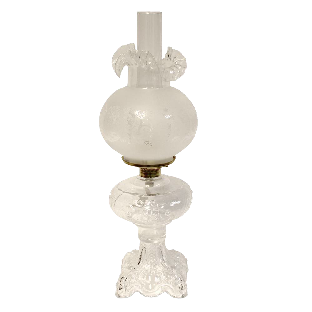 Handcrafted clear glass oil lamp with intricately sculptured base and frosted chimney, featuring a heavy brass-plated burner, perfect for Lamps & Lighting, Oil Lamps, Table Lamps, Best Sellers, and Promo Eligible collections.