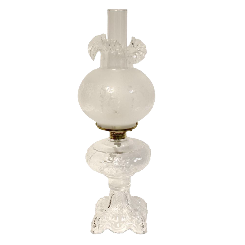 Handcrafted clear glass oil lamp with intricately sculptured base and frosted chimney, featuring a heavy brass-plated burner, perfect for Lamps & Lighting, Oil Lamps, Table Lamps, Best Sellers, and Promo Eligible collections.