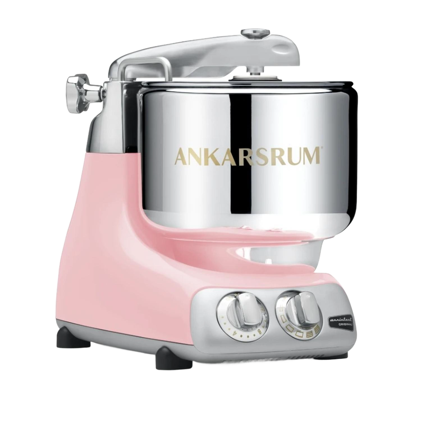 Handcrafted pink stand mixer with polished stainless steel bowl and dual chrome dials, designed for Kitchen & Food, Baking Supplies, Cooking and Baking Helpers, and Best Sellers collections.