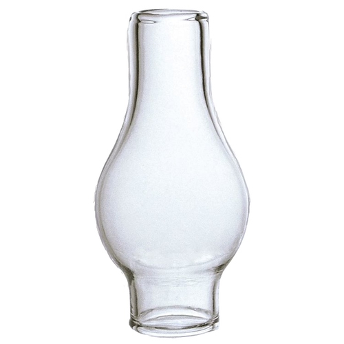 Clear glass lamp chimney with a narrow base and rounded bulge, designed as a replacement part for oil lamps, suitable for Lamps & Lighting and Parts and Accessories collections.
