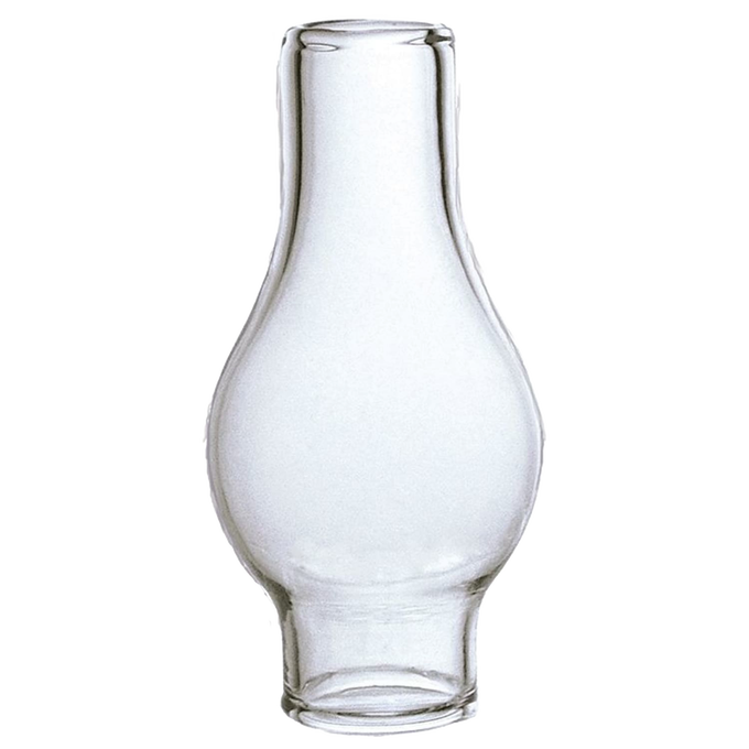 Clear glass lamp chimney with a narrow base and rounded bulge, designed as a replacement part for oil lamps, suitable for Lamps & Lighting and Parts and Accessories collections.