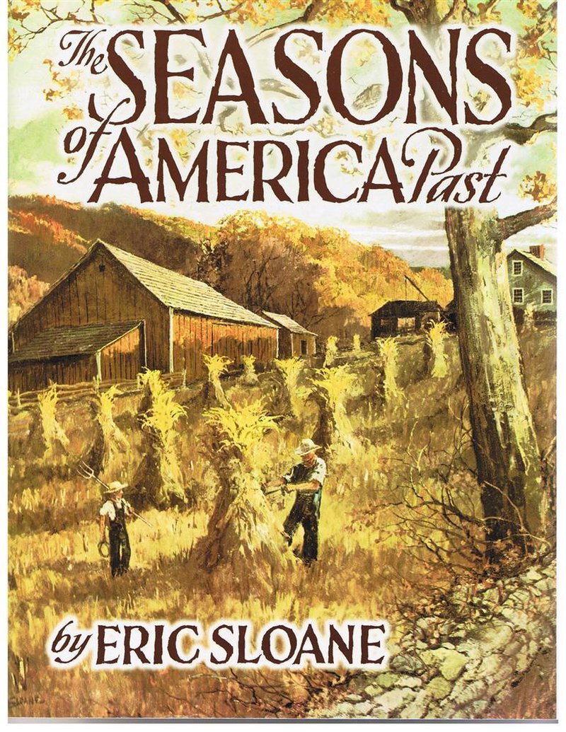 Cover illustration of a rustic autumn farm scene with workers gathering crops, featuring vintage style lettering and pen-and-ink art by Eric Sloane in a handcrafted American history book from Toys, Books & Games and Farm and Livestock Books collections.