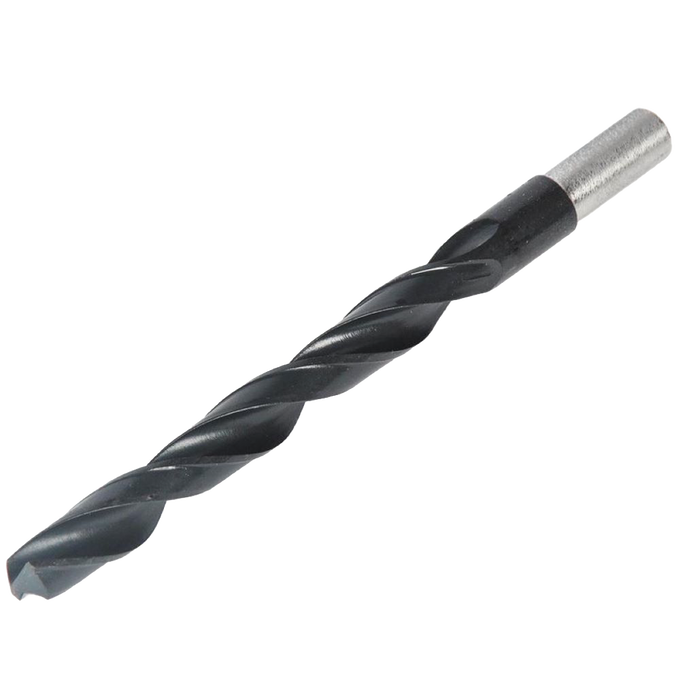 Black and silver metal drill bit with a twisted flute design, suitable for use in farm, garden, and tool applications, crafted for durability and precision.