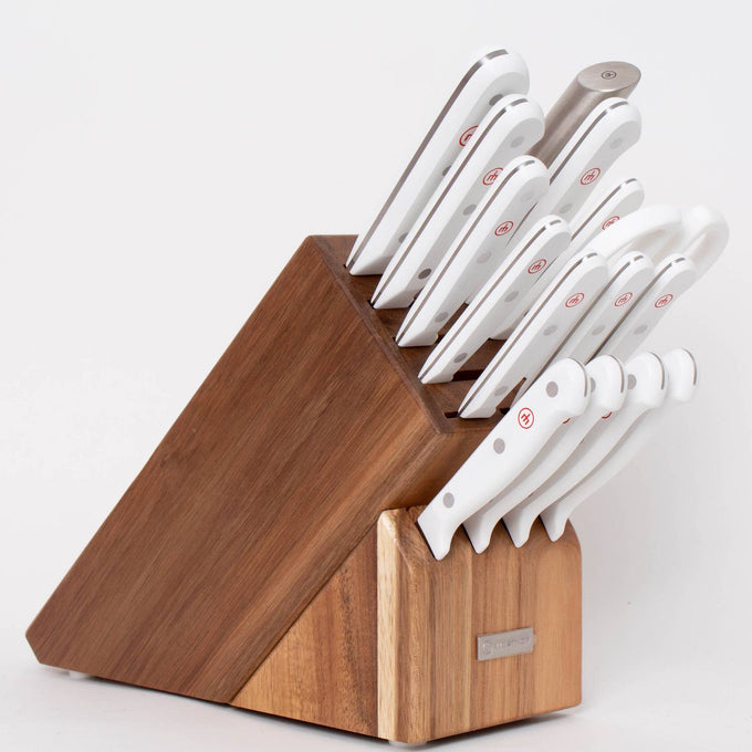 Wooden knife block set holding knives with white handles, featuring a 16-piece Wusthof Gourmet collection, ideal for Farm, Garden & Tool, Kitchen & Food, and Knives & Axes categories.