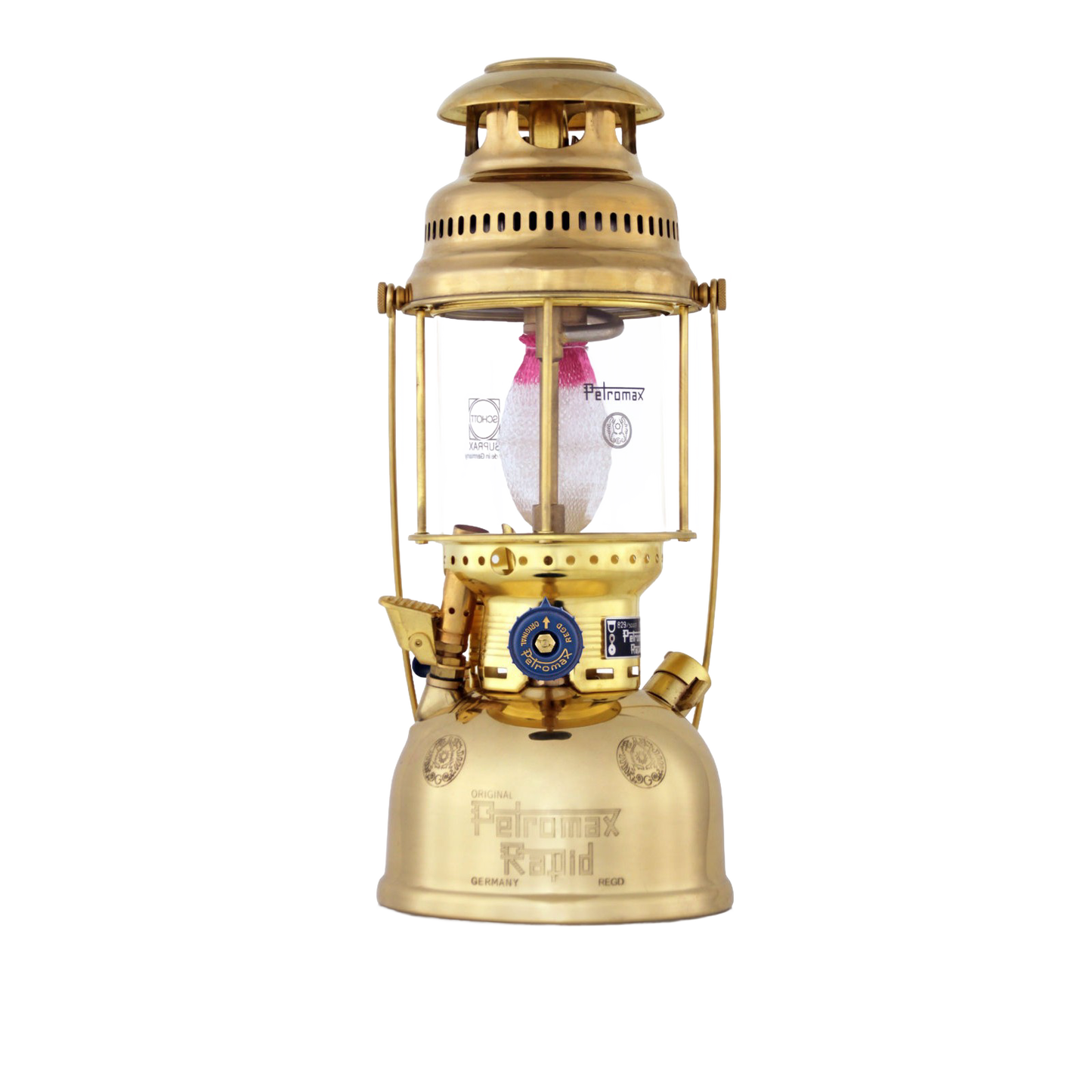 Classic brass pressure lantern with glass globe and blue control knob, designed for reliable lighting, featured in Lamps & Lighting, Parts and Accessories, and Best Sellers collections.