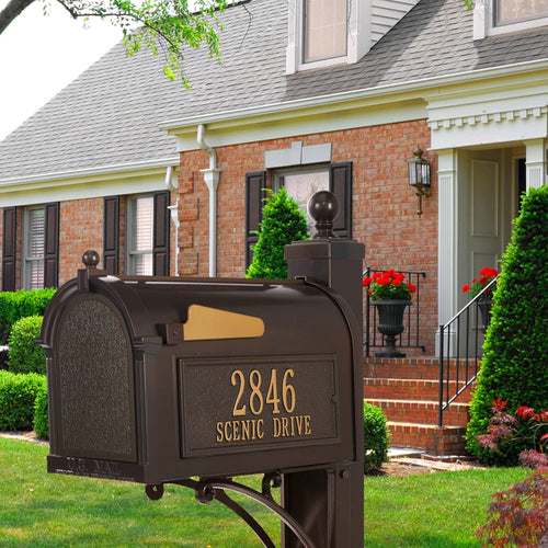 Handcrafted bronze and gold mailbox with personalized address plaque mounted on decorative post, designed to enhance curb appeal in Home & Decor, Mailboxes and Address Signs, and USA Made collections.