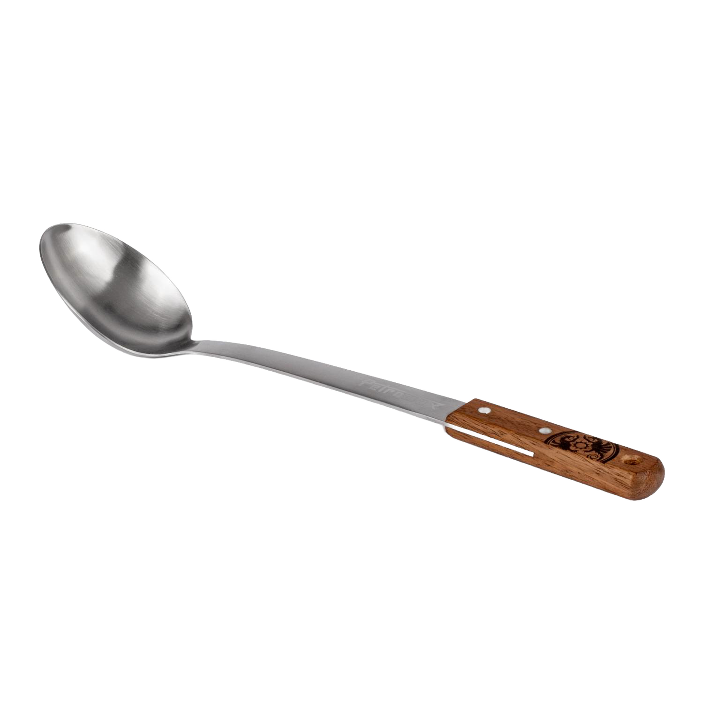 Handcrafted serving spoon featuring a durable stainless steel bowl and a walnut handle engraved with a logo, designed for Farm, Garden & Tool, Kitchen & Food, Camping, Storage and Serving, Best Sellers, Promo Eligible collections.