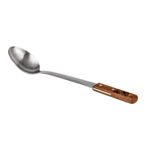 Handcrafted serving spoon featuring a durable stainless steel bowl and a walnut handle engraved with a logo, designed for Farm, Garden & Tool, Kitchen & Food, Camping, Storage and Serving, Best Sellers, Promo Eligible collections.