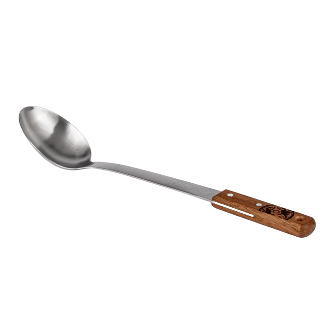 Handcrafted serving spoon featuring a durable stainless steel bowl and a walnut handle engraved with a logo, designed for Farm, Garden & Tool, Kitchen & Food, Camping, Storage and Serving, Best Sellers, Promo Eligible collections.