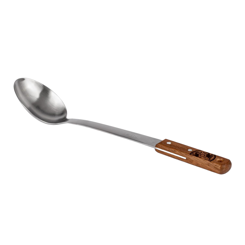 Handcrafted serving spoon featuring a durable stainless steel bowl and a walnut handle engraved with a logo, designed for Farm, Garden & Tool, Kitchen & Food, Camping, Storage and Serving, Best Sellers, Promo Eligible collections.
