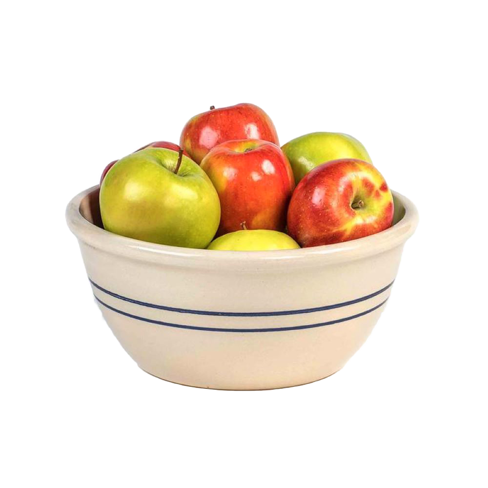 Handcrafted stoneware mixing bowl with blue stripe design, made in USA, filled with fresh apples, ideal for Kitchen & Food, Cookware, and Storage collections.
