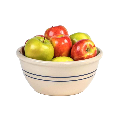 Handcrafted stoneware mixing bowl with blue stripe design, made in USA, filled with fresh apples, ideal for Kitchen & Food, Cookware, and Storage collections.