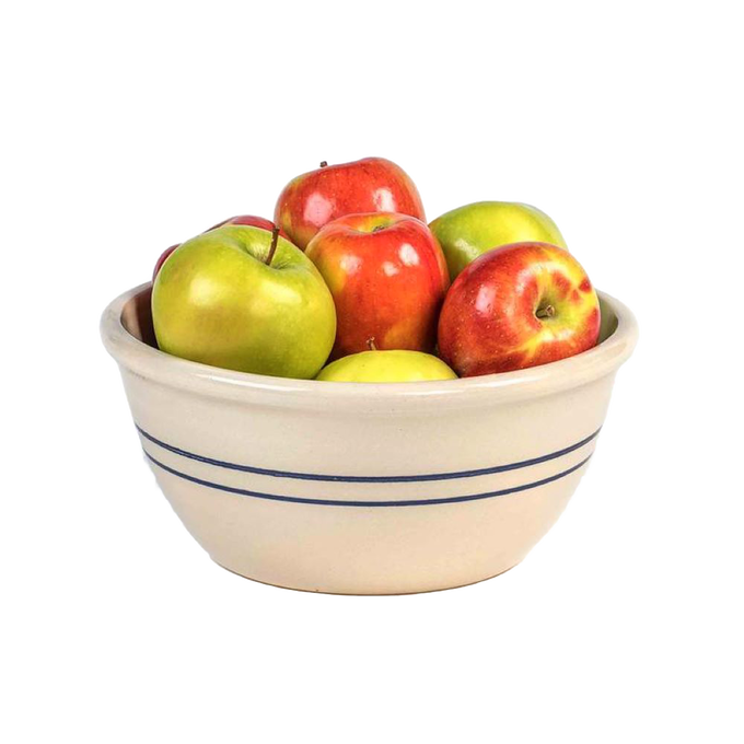 Handcrafted stoneware mixing bowl with blue stripe design, made in USA, filled with fresh apples, ideal for Kitchen & Food, Cookware, and Storage collections.