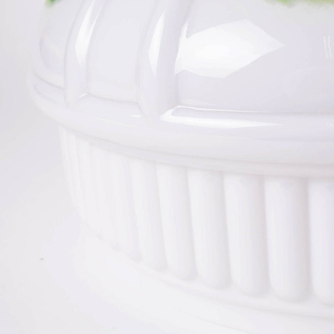 Close-up of a handcrafted white glass lamp shade with soft, textured ridges, designed for use in lamps and lighting, featuring elegant Alpine Meadow decor details.
