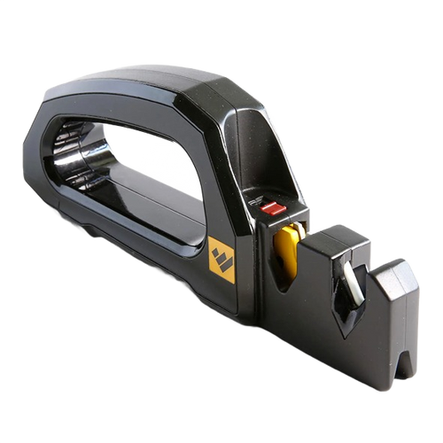 Compact handheld electric sharpener in black with ergonomic handle and safety switch, designed for quickly restoring knives and garden tools, featured in Sharpening and Hand Tools collections.