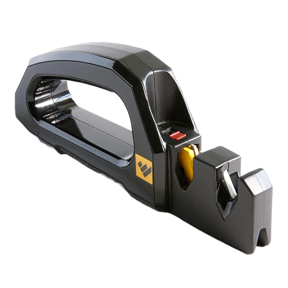 Compact handheld electric sharpener in black with ergonomic handle and safety switch, designed for quickly restoring knives and garden tools, featured in Sharpening and Hand Tools collections.