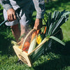 Person holding a handcrafted mesh harvest basket filled with fresh garden vegetables, being rinsed outdoors on grass, part of USA Made, Farm, Garden & Tool, and Garden Accessories collections.