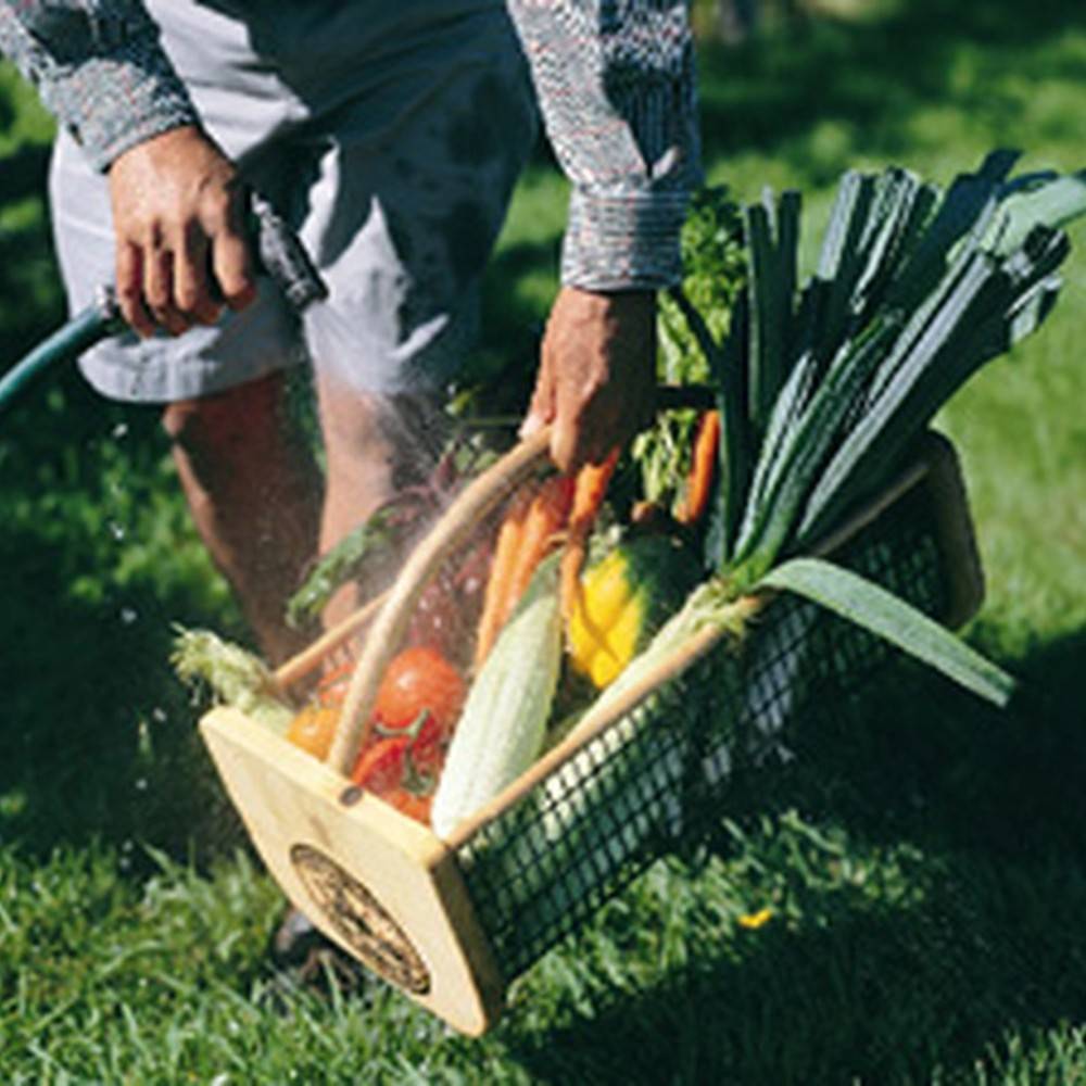 Person holding a handcrafted mesh harvest basket filled with fresh garden vegetables, being rinsed outdoors on grass, part of USA Made, Farm, Garden & Tool, and Garden Accessories collections.