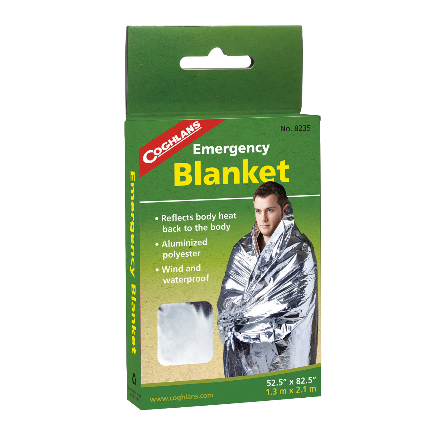 Coghlan's emergency blanket packaged in green box, made of aluminized polyester, wind and waterproof, designed to reflect body heat, ideal for camping, farm, garden, and emergency supplies collections.