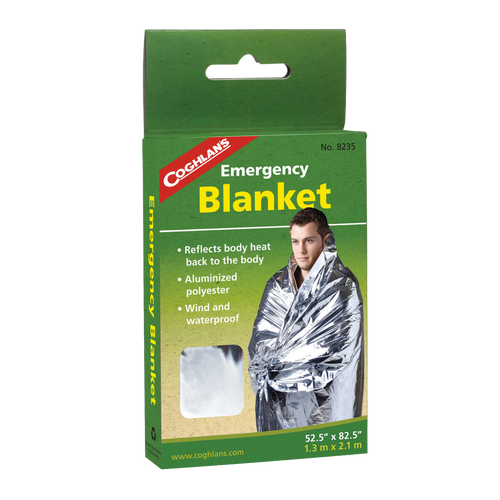 Coghlan's emergency blanket packaged in green box, made of aluminized polyester, wind and waterproof, designed to reflect body heat, ideal for camping, farm, garden, and emergency supplies collections.