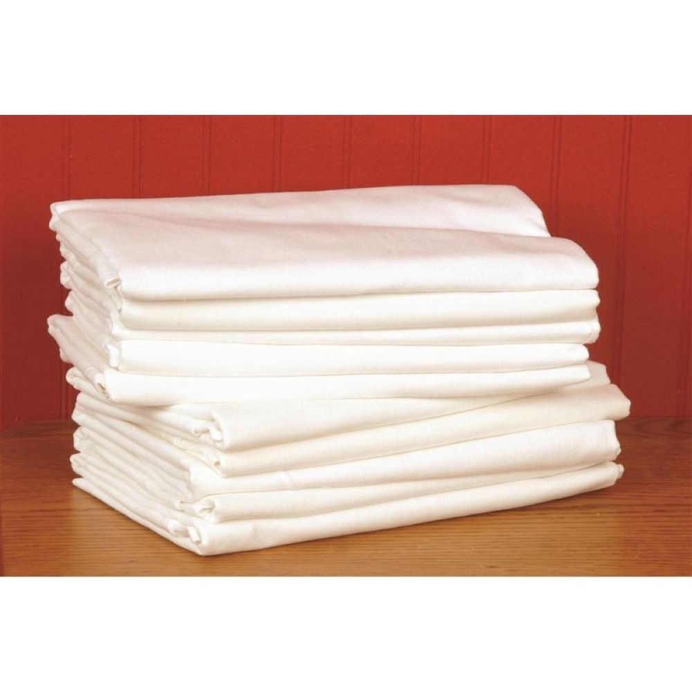 Stacked set of ten lint-free, 100% cotton flour sack towels in natural white, perfect for gentle cleaning tasks in kitchen, household, and homesteading settings.