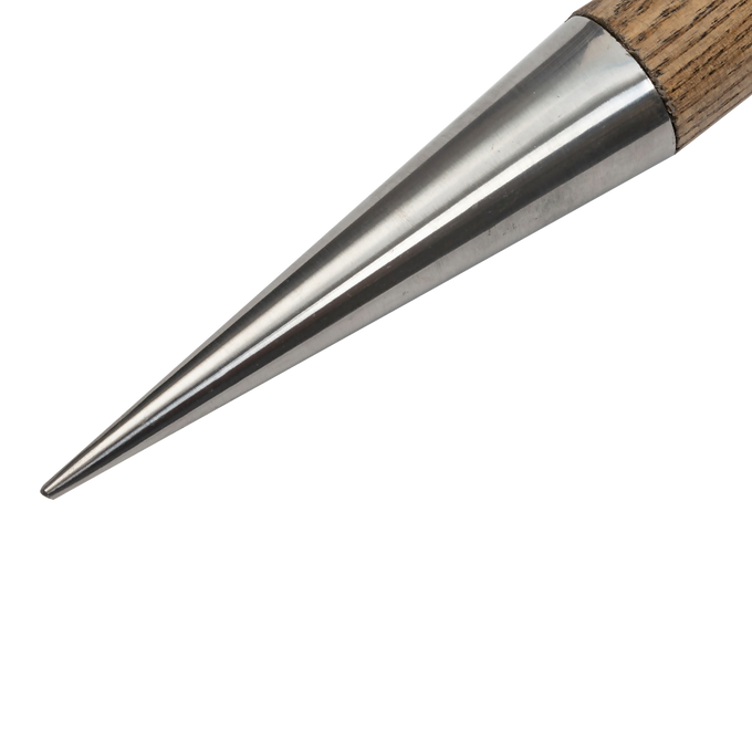 Close-up of a tapered mirror-polished stainless steel tip with a smooth wooden handle, handcrafted for making precise planting holes in Farm, Garden & Tool, Garden Accessories, and Seeds and Planting collections.