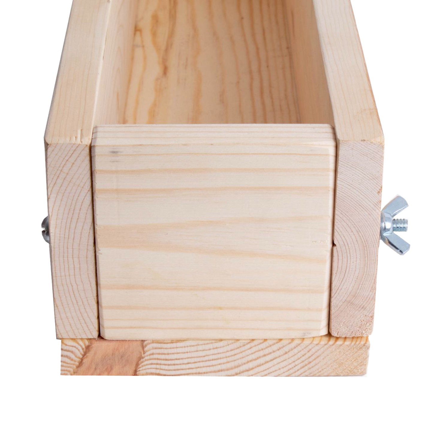Front view of a handcrafted wooden soap loaf mold made from durable pine with adjustable end secured by metal wingnuts, featured in Health & Wellness and Soapmaking Supplies collections.