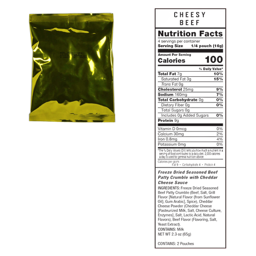 Gold metallic emergency food pouch with clear nutrition facts panel displaying 100 calories per serving, designed for long-term freeze-dried storage in emergency supplies, pantry, and USA Made collections.