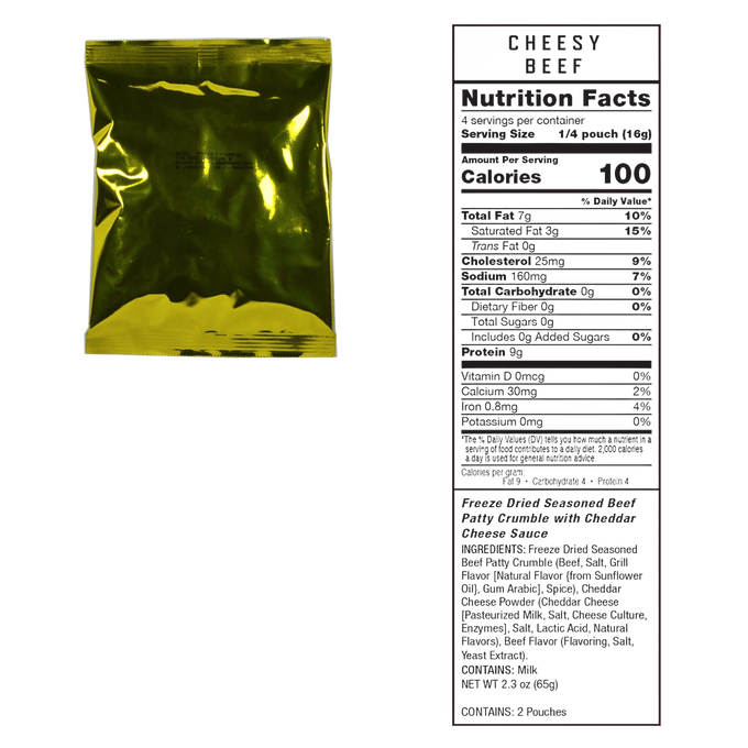 Gold metallic emergency food pouch with clear nutrition facts panel displaying 100 calories per serving, designed for long-term freeze-dried storage in emergency supplies, pantry, and USA Made collections.