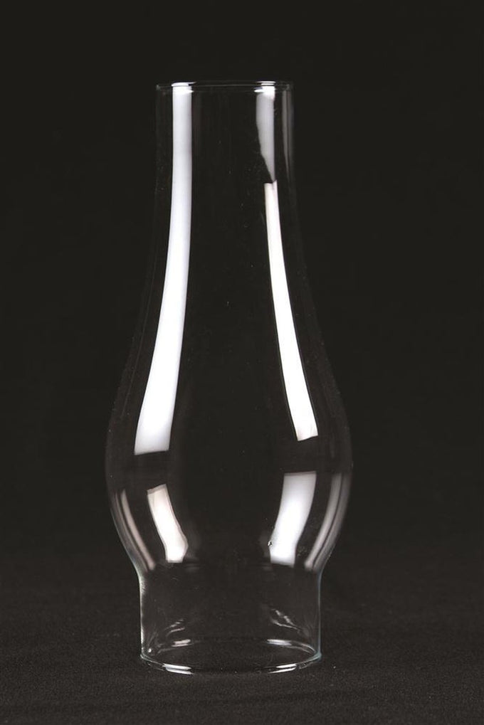 Tall clear glass oil lamp chimney with a 2 7/8 inch base and curved bulge, handcrafted and ideal for lamps and lighting, chimneys and globes, parts and accessories collections.