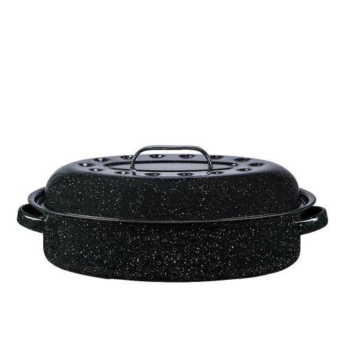 Oval classic graniteware roaster in black enamel-on-steel with self-basting lid dimples and side handles, handcrafted for Kitchen & Food, Cookware, Pots and Pans, and Best Sellers collections.
