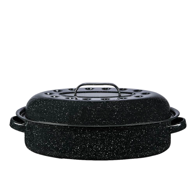 Oval classic graniteware roaster in black enamel-on-steel with self-basting lid dimples and side handles, handcrafted for Kitchen & Food, Cookware, Pots and Pans, and Best Sellers collections.