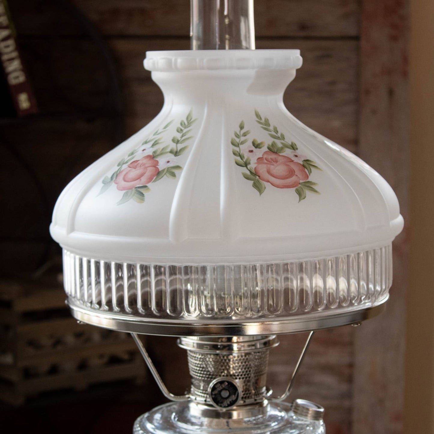 Opaque white glass lamp shade with soft pink roses and green leaves, handcrafted to gently diffuse oil lamp light, featured in Lamps & Lighting, Parts and Accessories, Lamp Shades, Best Sellers, and Promo Eligible collections.