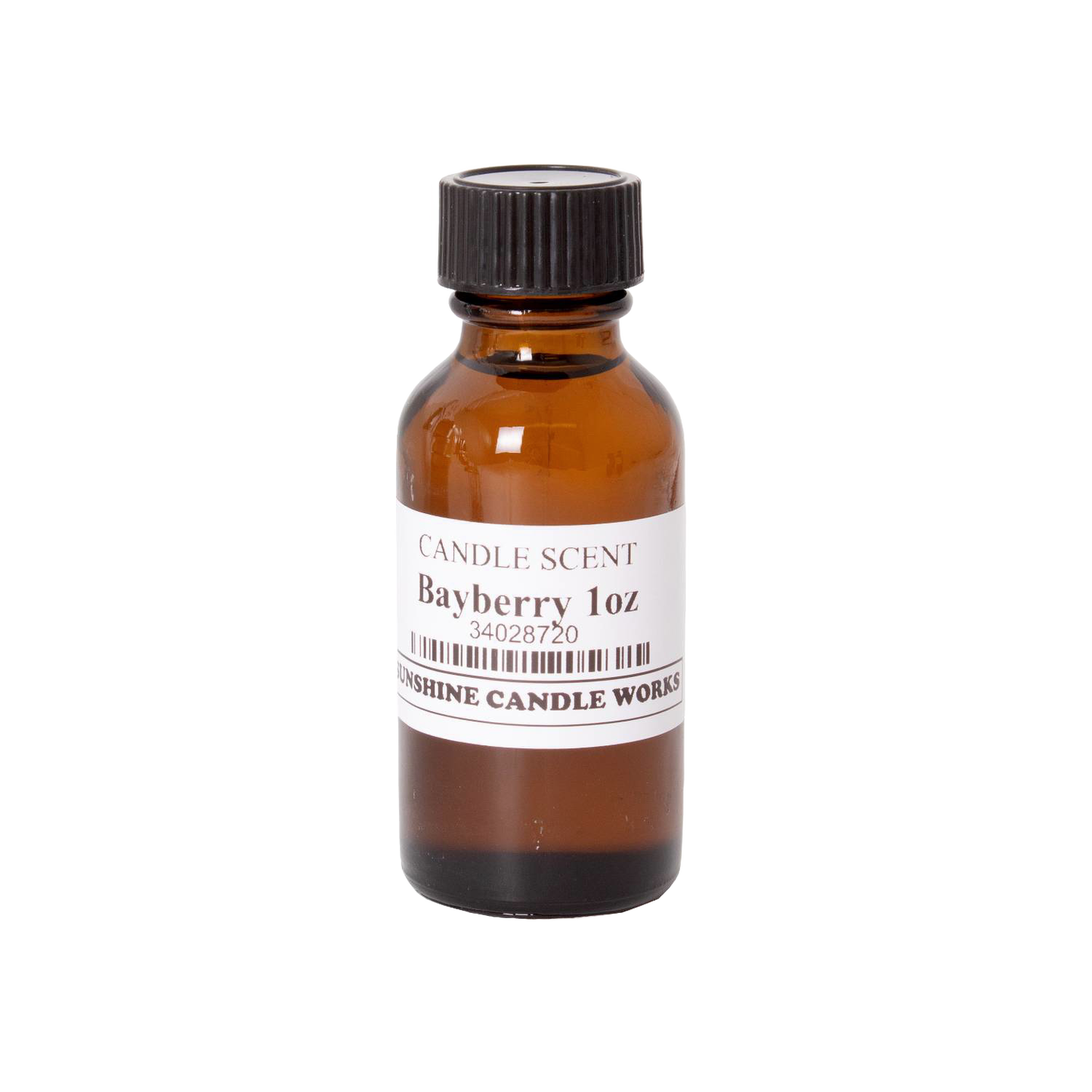 Amber glass bottle containing one ounce of bayberry scented oil for candle making, featuring a black screw cap and white label, ideal for use in Lamps & Lighting and Candles and Candlemaking collections.
