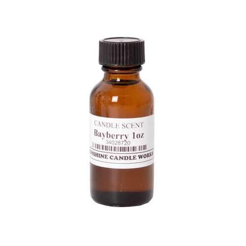 Amber glass bottle containing one ounce of bayberry scented oil for candle making, featuring a black screw cap and white label, ideal for use in Lamps & Lighting and Candles and Candlemaking collections.