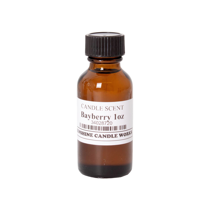 Amber glass bottle containing one ounce of bayberry scented oil for candle making, featuring a black screw cap and white label, ideal for use in Lamps & Lighting and Candles and Candlemaking collections.