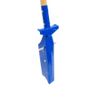 Close-up of a handcrafted blue trenching shovel with sharp side blades and wooden handle, designed for clean, precise digging in farm, garden, and hand tool collections.