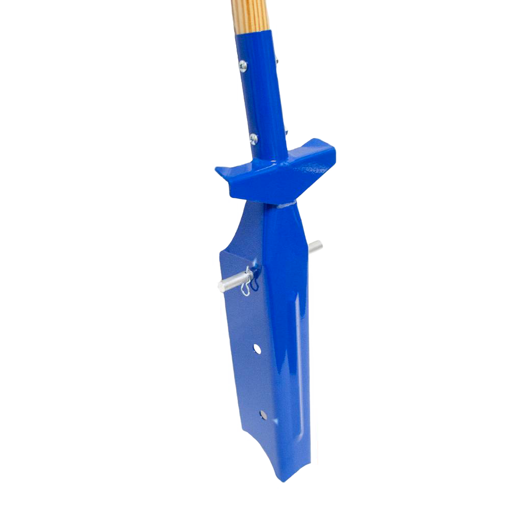 Close-up of a handcrafted blue trenching shovel with sharp side blades and wooden handle, designed for clean, precise digging in farm, garden, and hand tool collections.