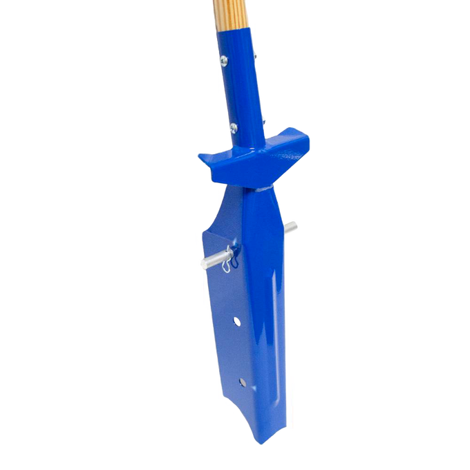 Close-up of a handcrafted blue trenching shovel with sharp side blades and wooden handle, designed for clean, precise digging in farm, garden, and hand tool collections.
