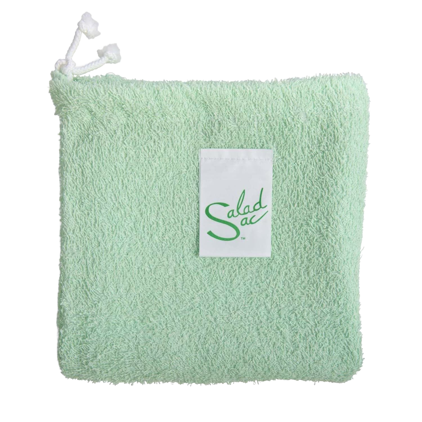 Light green textured fabric storage bag with drawstring closure and white label, designed for keeping lettuce and vegetables fresh, part of Kitchen & Food collections.