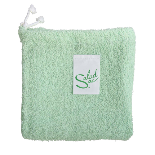 Light green textured fabric storage bag with drawstring closure and white label, designed for keeping lettuce and vegetables fresh, part of Kitchen & Food collections.