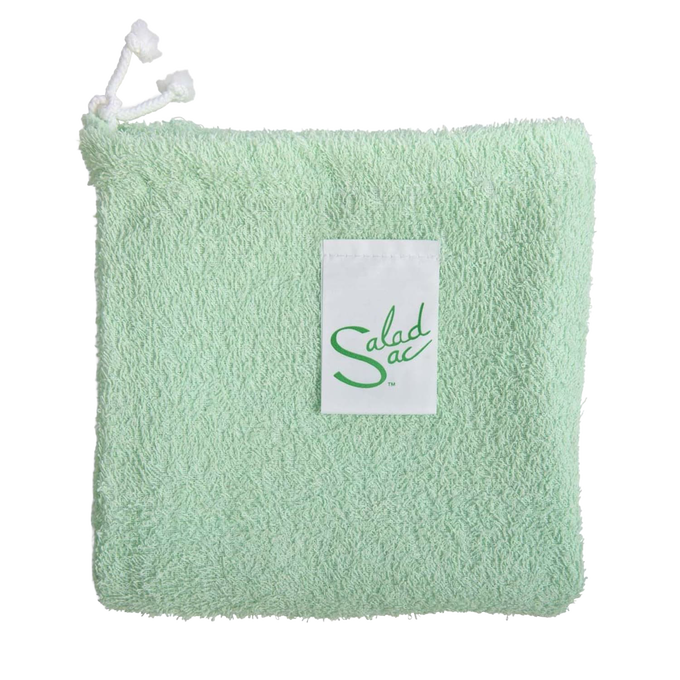 Light green textured fabric storage bag with drawstring closure and white label, designed for keeping lettuce and vegetables fresh, part of Kitchen & Food collections.