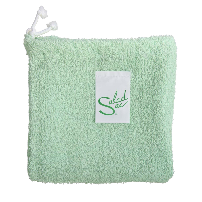 Light green textured fabric storage bag with drawstring closure and white label, designed for keeping lettuce and vegetables fresh, part of Kitchen & Food collections.